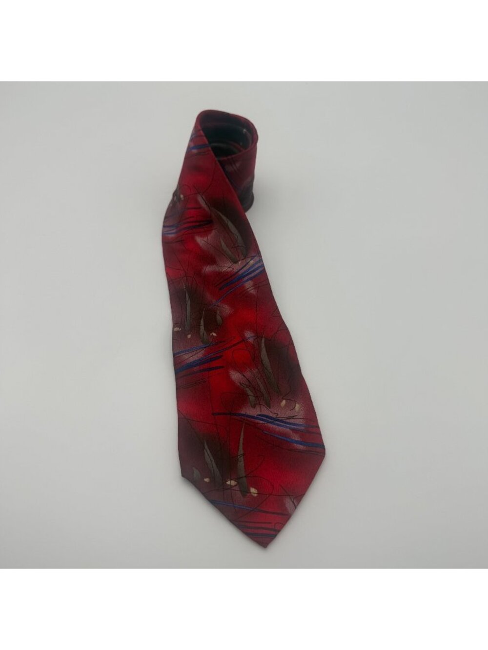 J. Garcia Men’s Red Abstract Pattern Neck Tie Blue Black Gold Accents Vintage